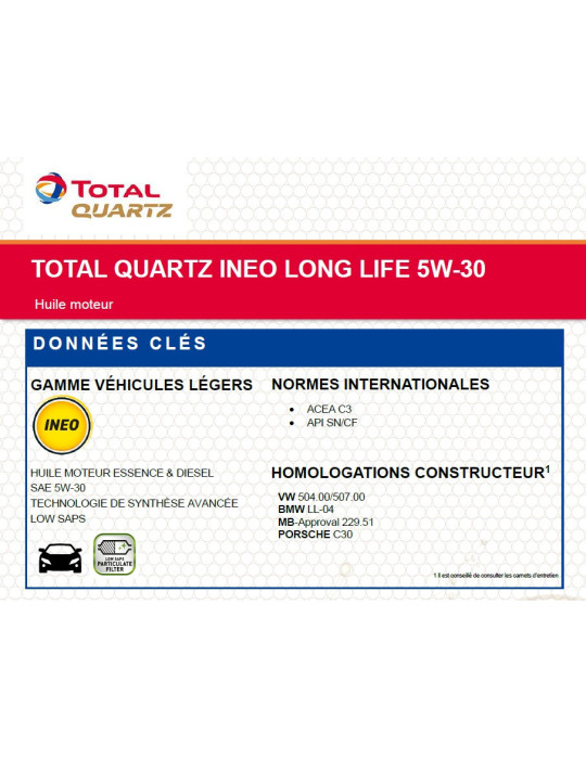 Huile Auto TOTAL QUARTZ INEO LONG LIFE 5W30 5L (GROUPE VW norme 504.00 / 507.00)  - 2